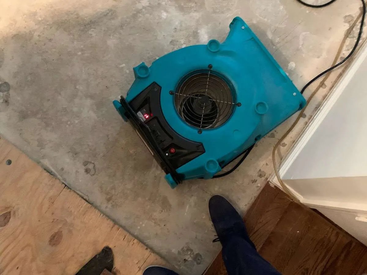 Air mover drying subfloor during Commercial Water Damage Restoration in Hammond